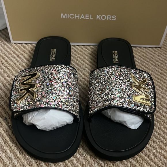 MICHAEL Kors glitter Logo Slide Sandals - Picture 1 of 7